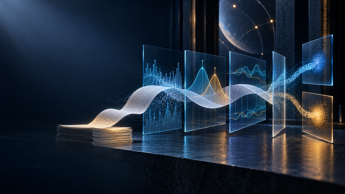 Written pages moving through layered probability signals and classification gates in an AI detection analysis