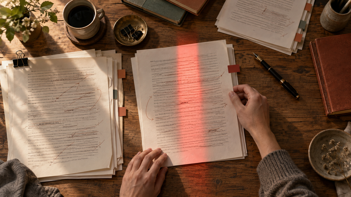 Human reviewer organizing drafts and evidence while one manuscript page is mistakenly highlighted by a red detection signal