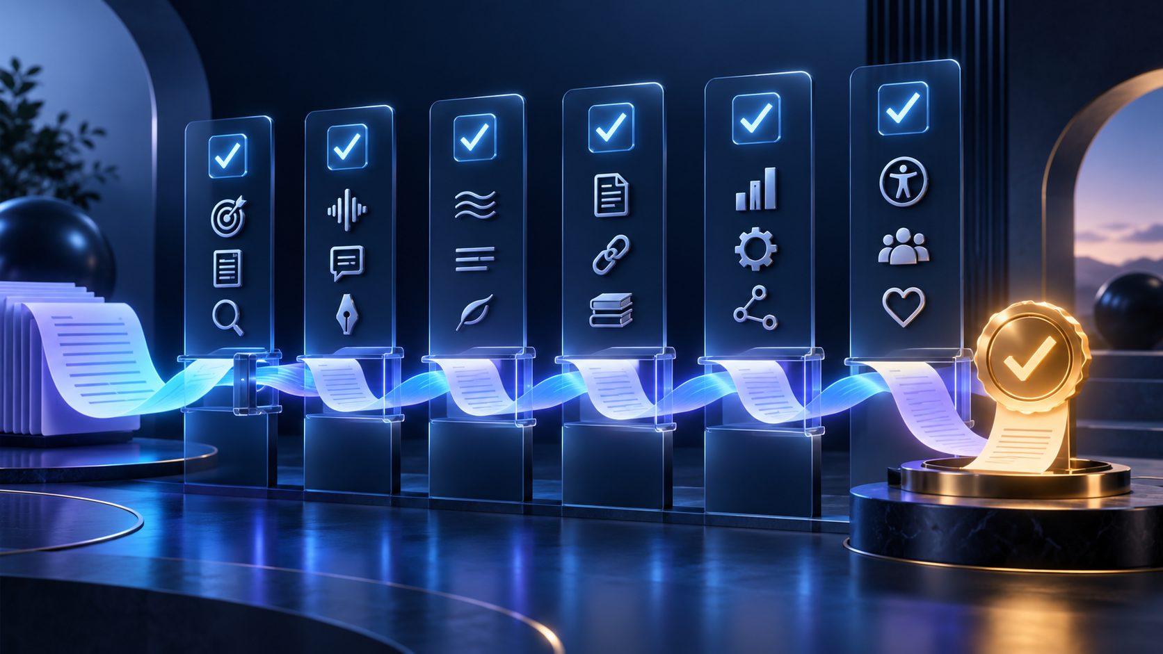 Humanized AI manuscript passing through quality gates for accuracy, voice, citations, SEO, and final approval