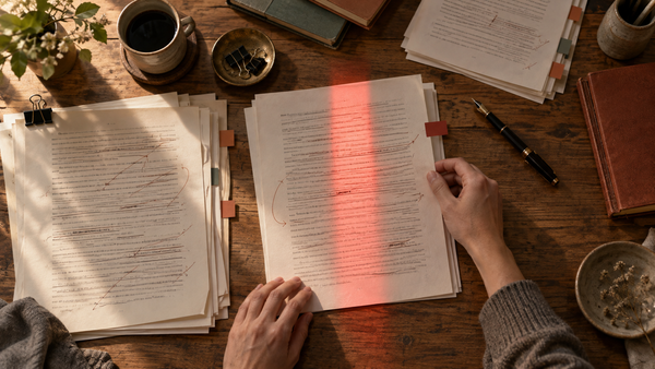 Human reviewer organizing drafts and evidence while one manuscript page is mistakenly highlighted by a red detection signal