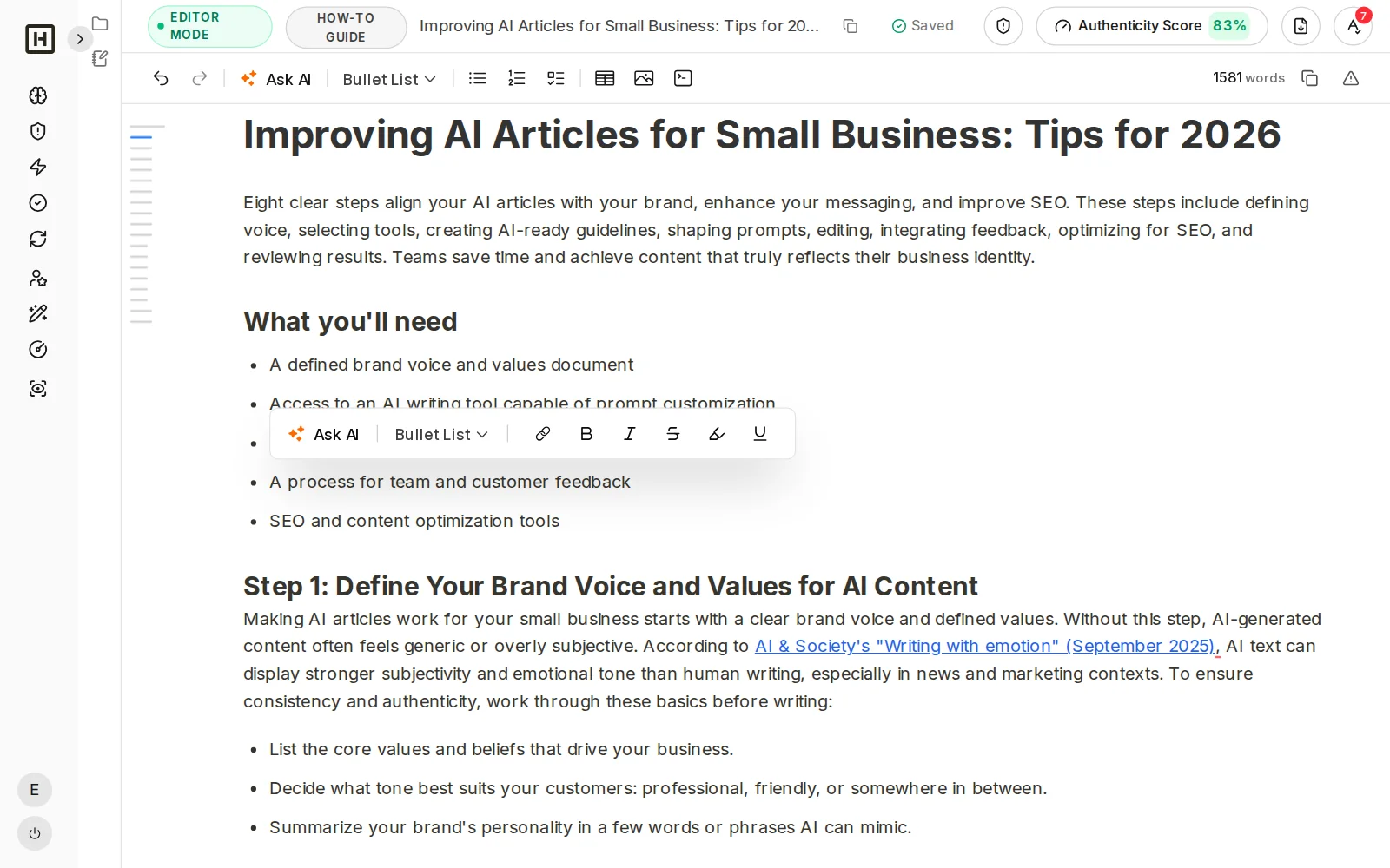 Content Creator editor with toolbar for images, tables and AI improvement