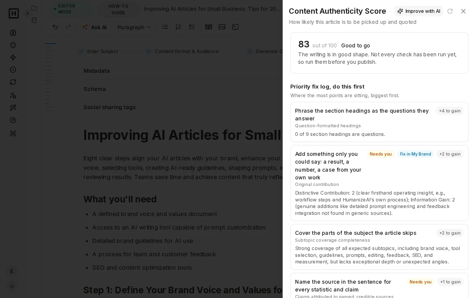 Content Creator editor showing a finished article next to its Content Authenticity Score