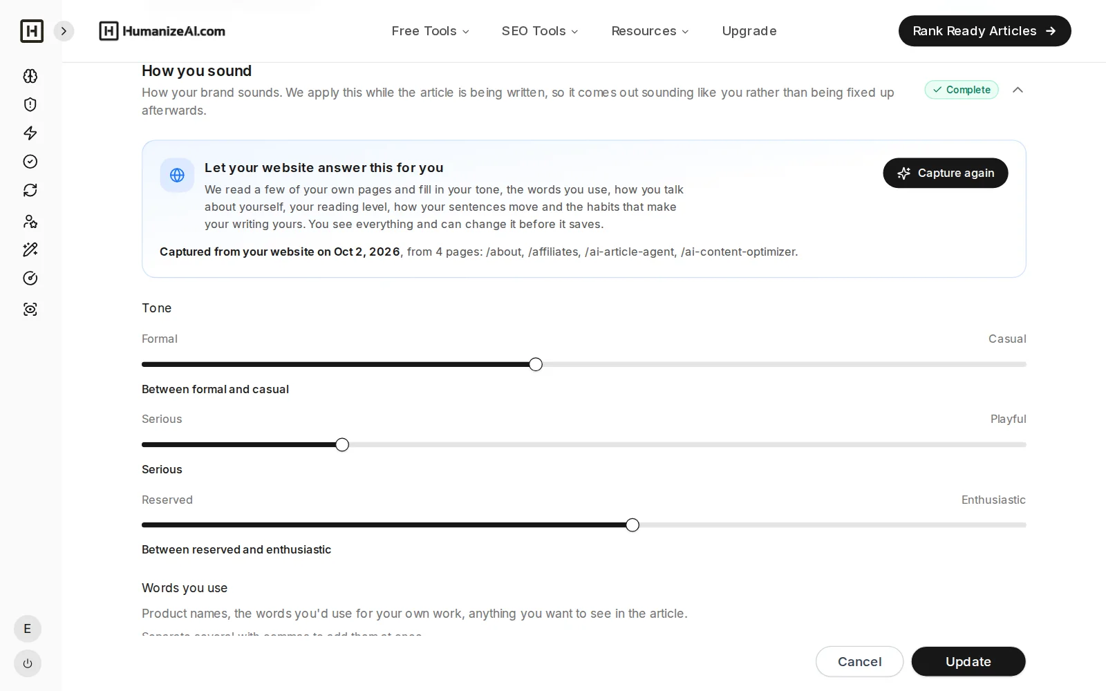 My Brand voice settings captured from the brand website