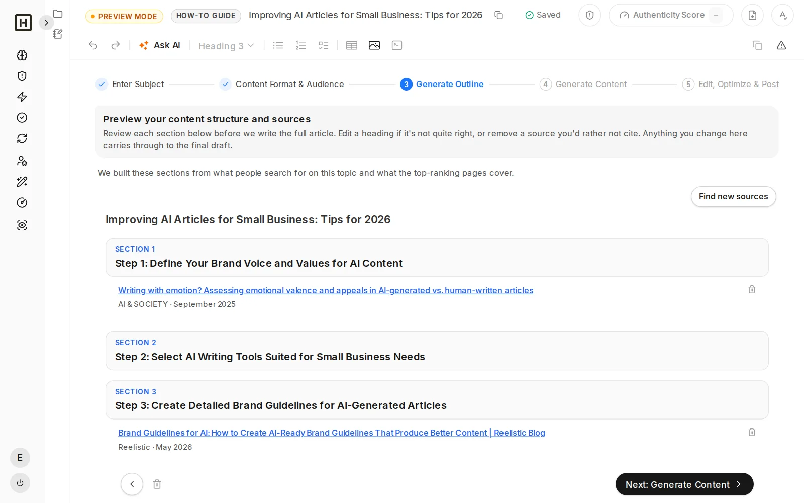 Content Creator outline with sources preview before the article is generated