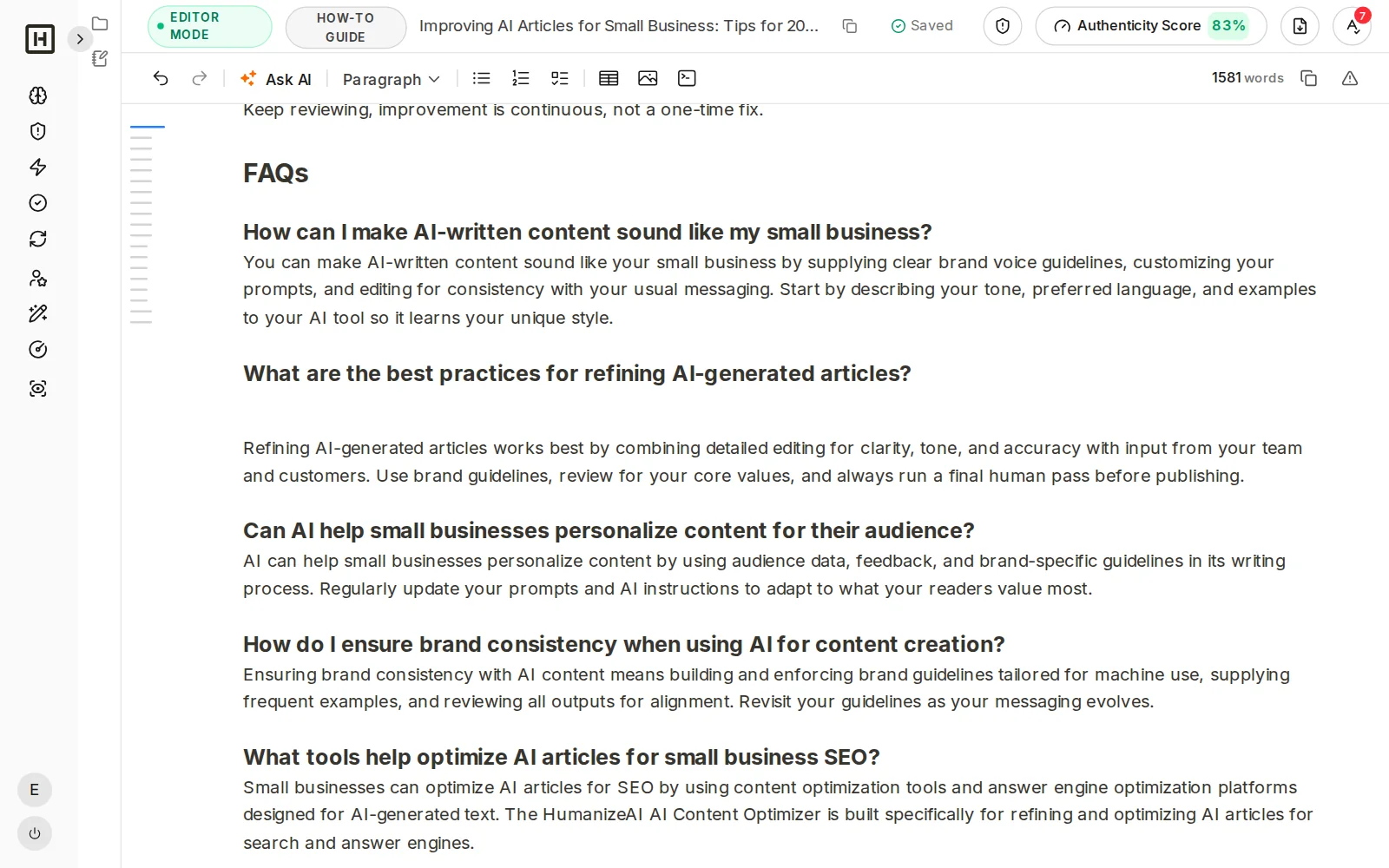 Finished article in the editor with its FAQ built from the questions people ask