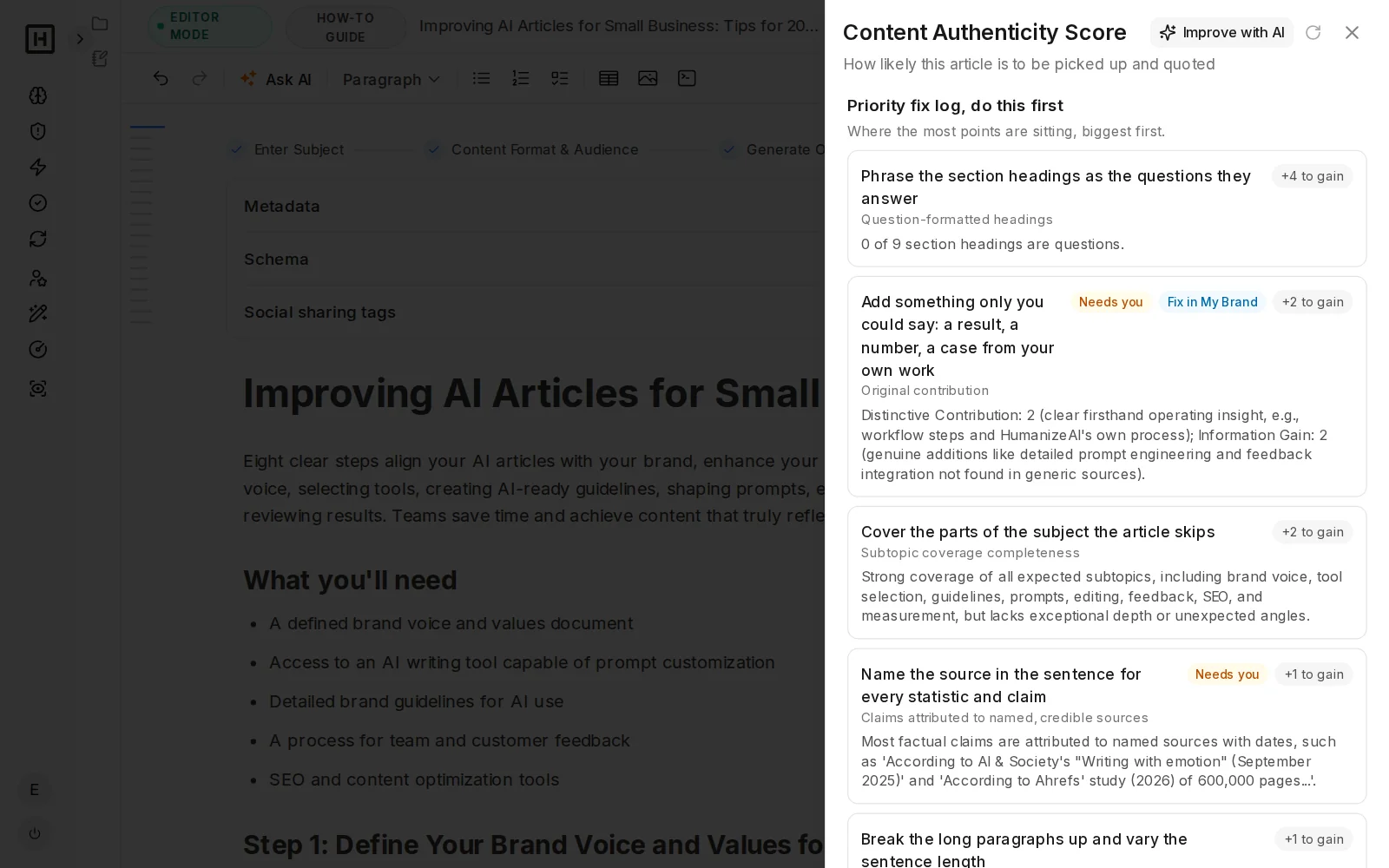 Content Creator Content Authenticity Score with a list of suggested fixes
