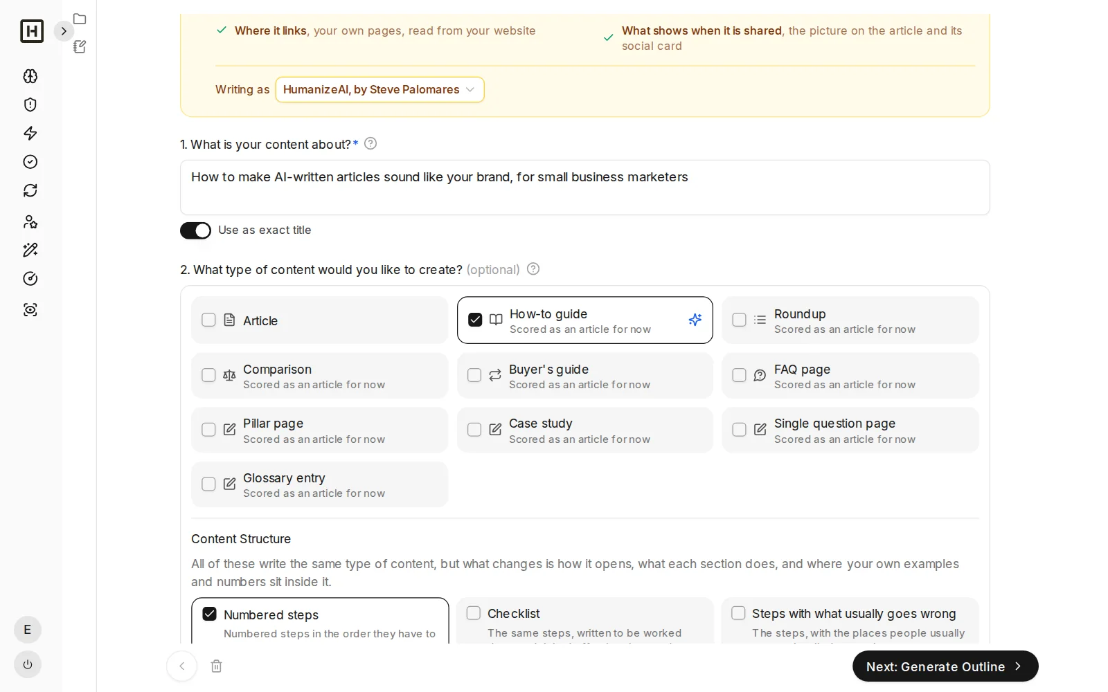 Content Creator article setup with the topic, content type, structure and country