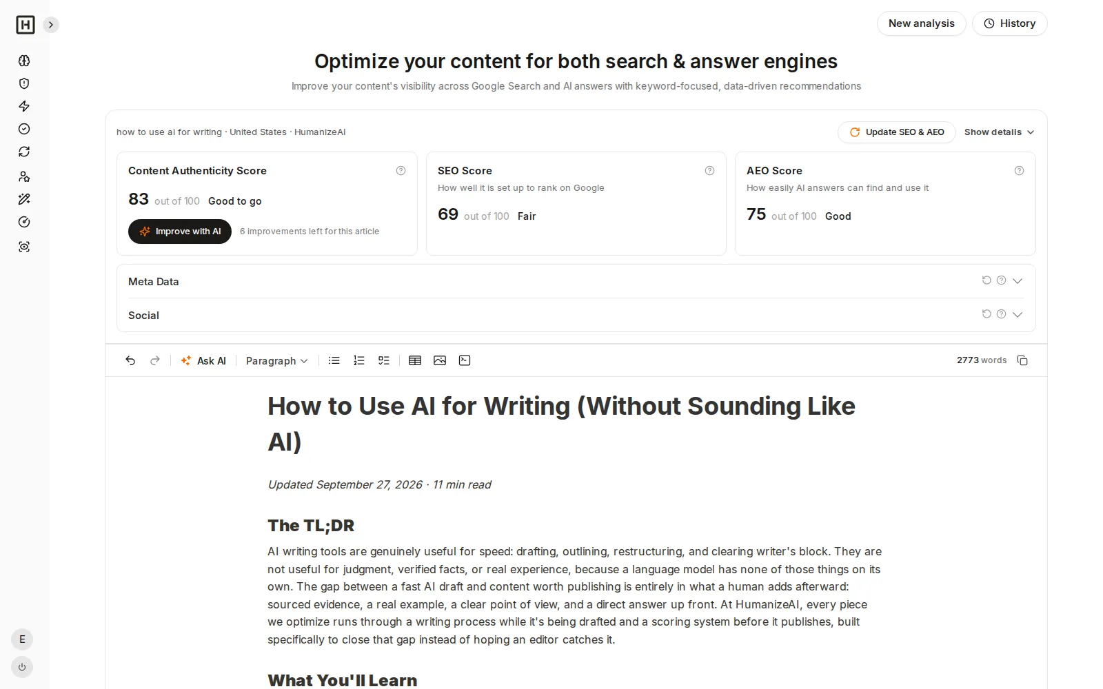 Content Optimizer editor with the article and the Update SEO & AEO button