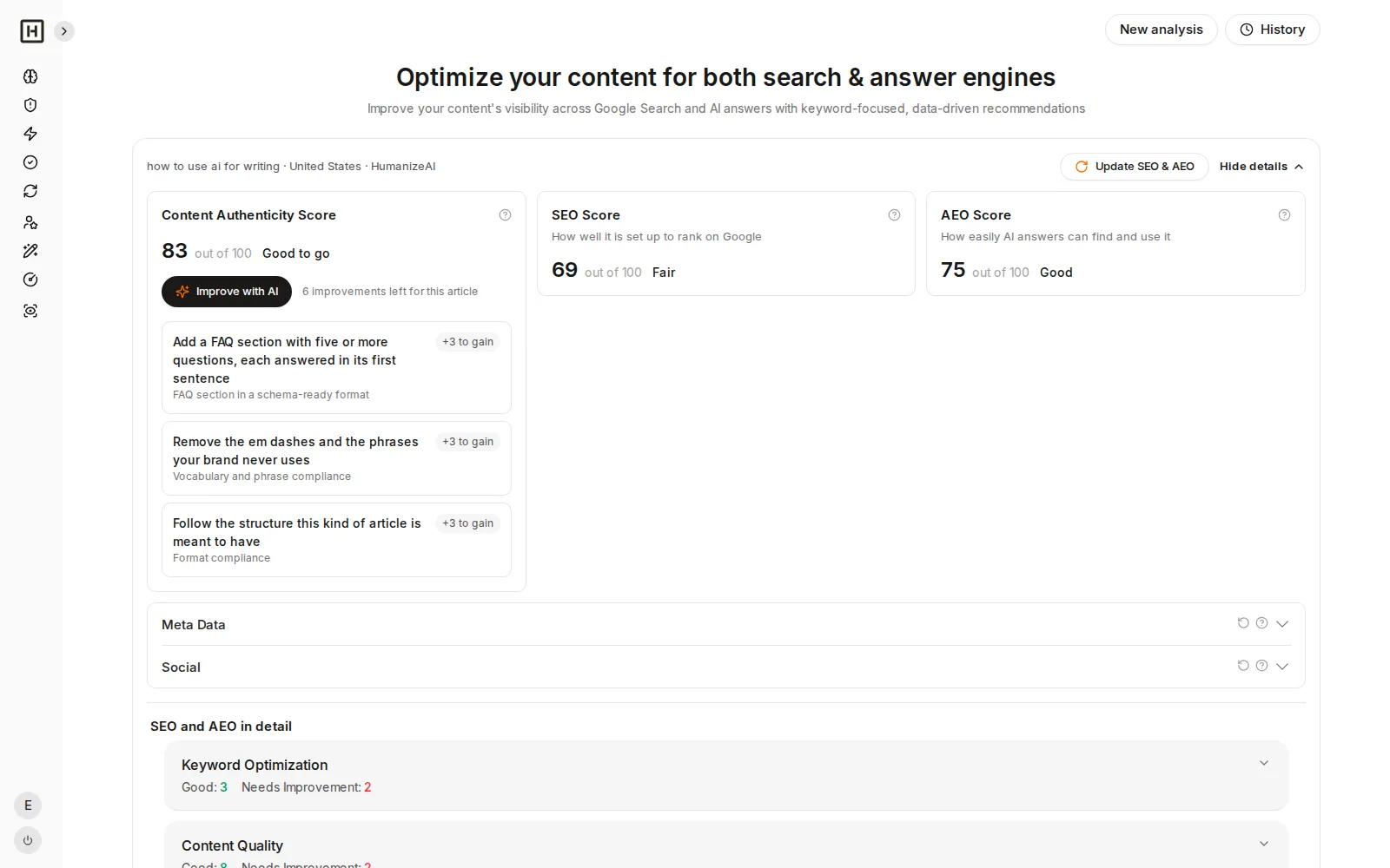 Content Authenticity Score with its top fixes and the Improve with AI button
