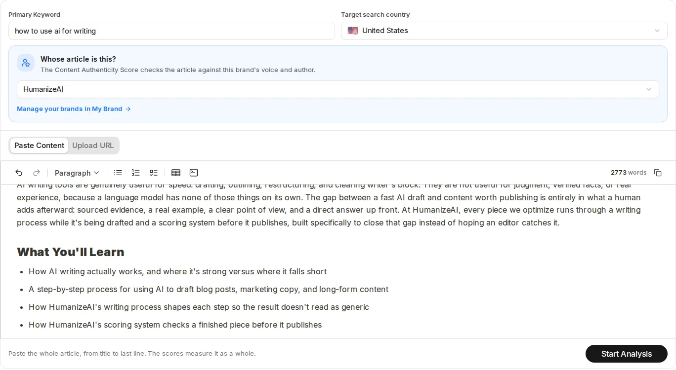Content Optimizer form with the keyword, the country, the brand picker and the pasted article