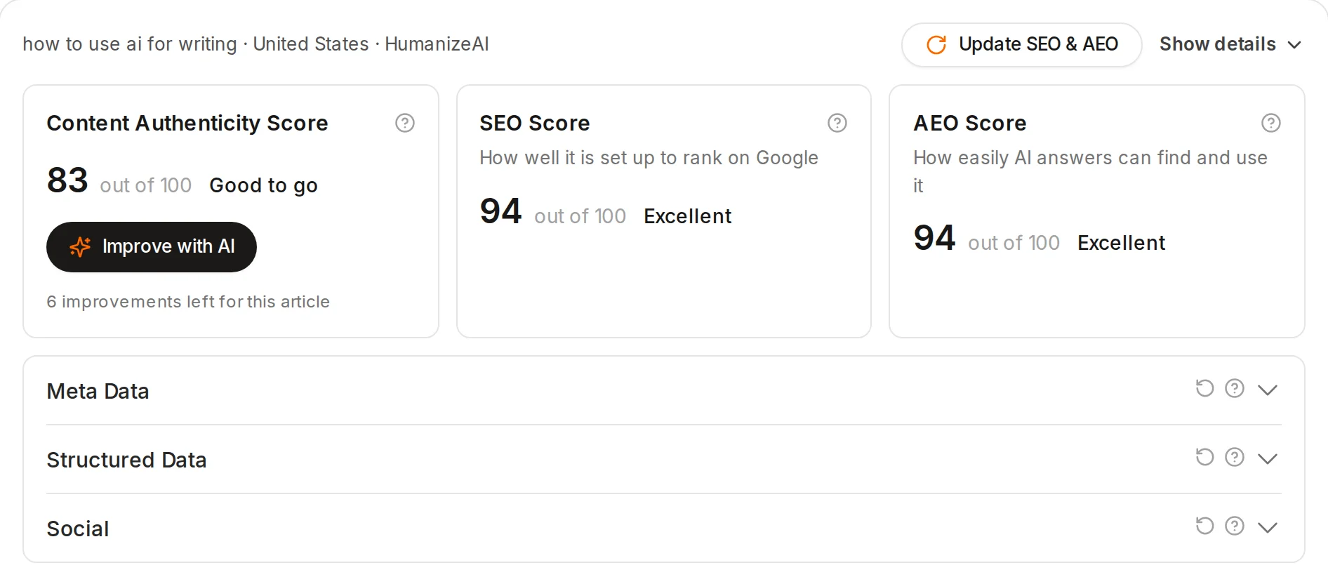 Content Optimizer scores for a HumanizeAI article after one optimization: authenticity 83, SEO 94 and AEO 94