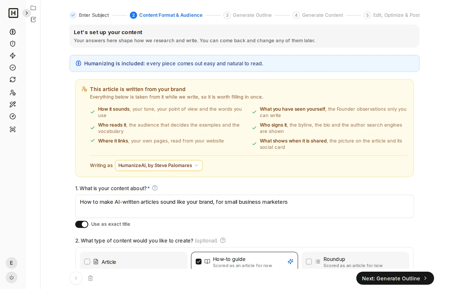 Content Creator setup showing what your brand gives the article as a checklist