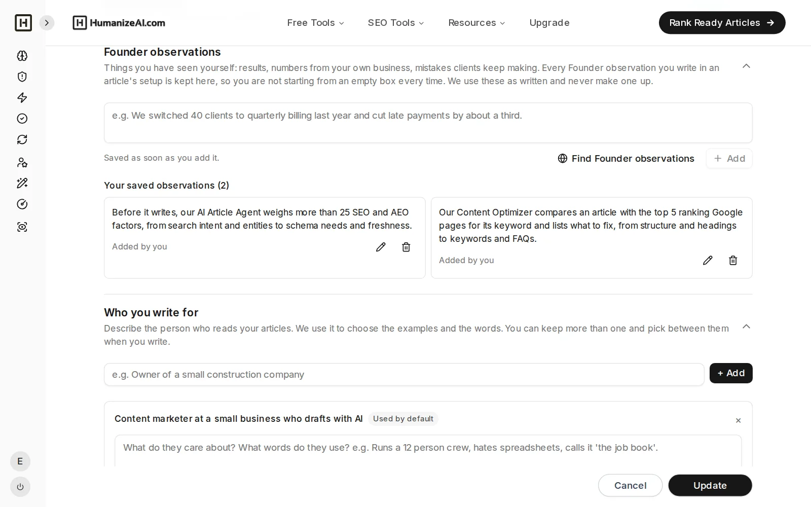 My Brand Founder observations with two saved observations
