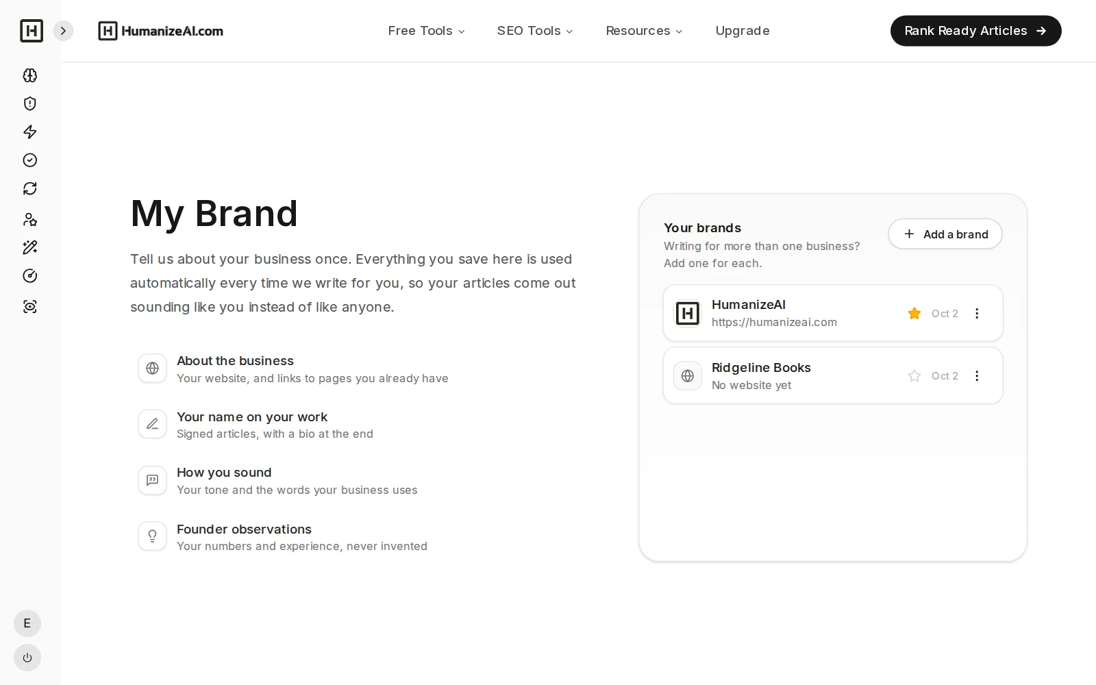 My Brand list with two brands, one with a website and one without